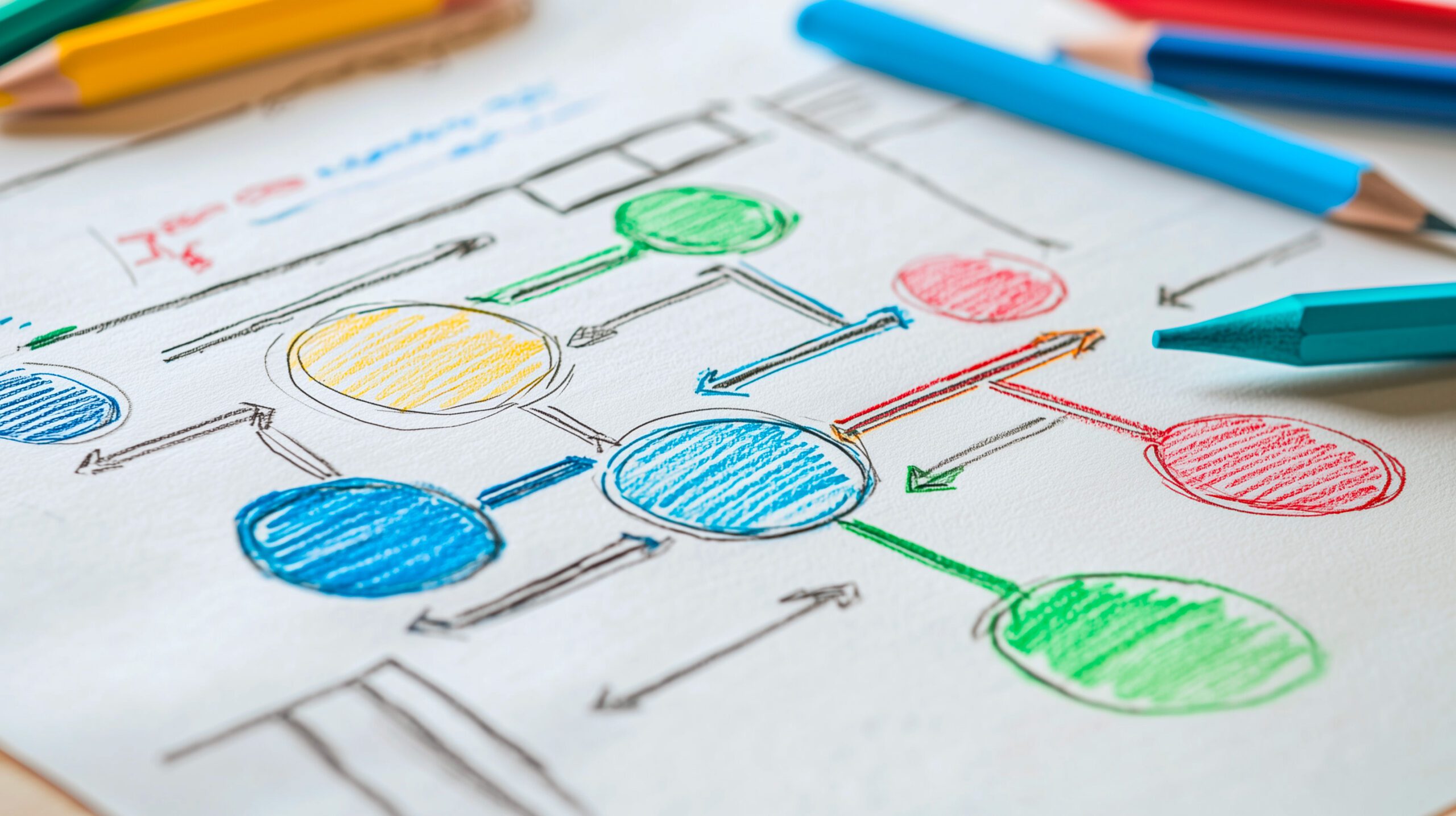 Papír s ručně nakresleným barevným vývojovým diagramem a pastelky
